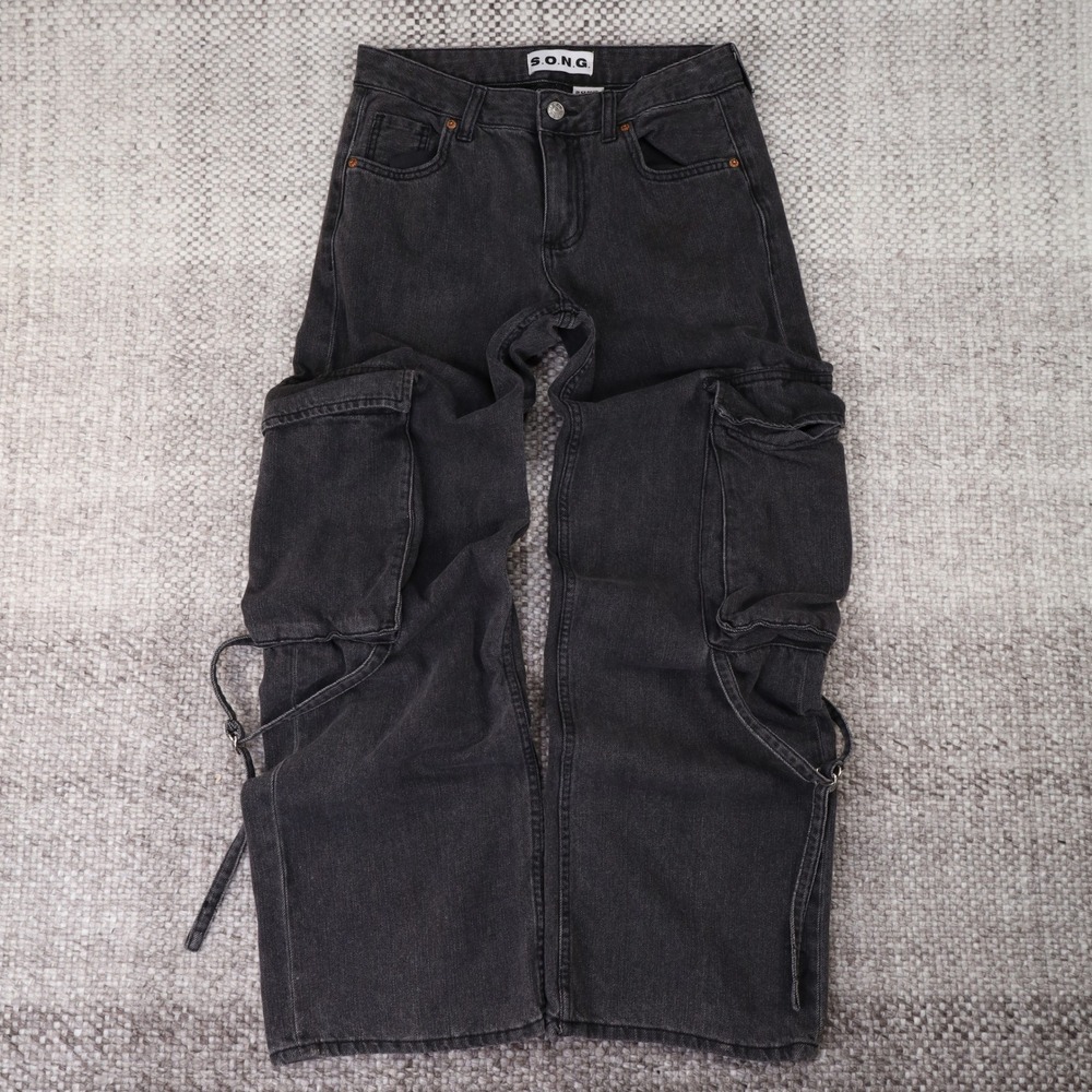 SONG Womens Cargo Jeans Washed Black Wide Leg Utility Pants Buckle Straps 1/25